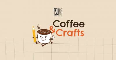 Illustration of a smiling coffee cup holding a pencil next to the text Coffee and Crafts on a beige background with FSU logo above.