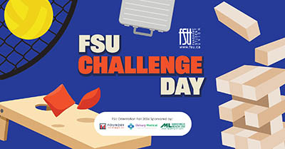 Illustration of a cornhole game and Jenga blocks with text FSU Challenge Day on a blue background promoting FSU Orientation Fall 2026.