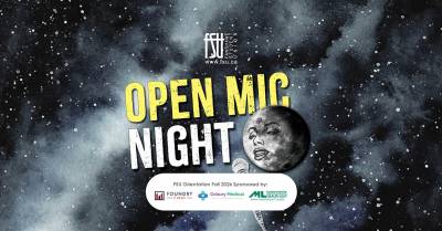 Open Mic Night event poster with a cosmic background and a microphone in the foreground.
