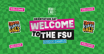 Green checkered background with bold text welcoming students to the FSU Simcoe Campus orientation day.