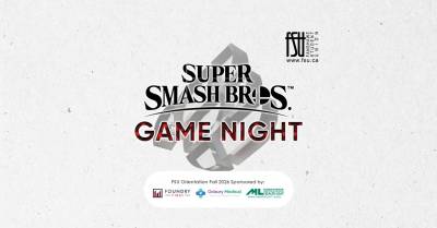 Super Smash Bros. Game Night event logo with Fuel Esports and Fanshawe Student Union branding on a textured white background.