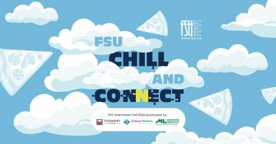 Blue sky with white clouds and floating pizza slices surrounding text promoting FSU Chill and Connect event.