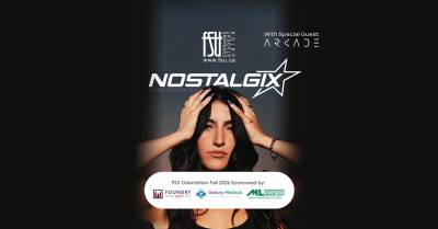 Portrait of a woman with long dark hair holding her head, promoting FSU Orientation Fall 2026 featuring Nostalgix and special guest Arcade.