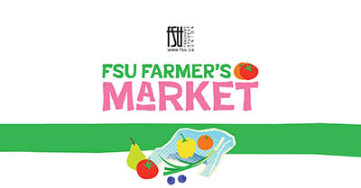 FSU Farmers Market logo with colourful fruits and vegetables including a tomato, pear, apple, orange, green beans, and blueberries on a white background.