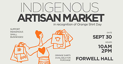 Illustration of a person holding shopping bags promoting Indigenous Artisan Market on September 30 from 10:00 a.m. to 2:00 p.m. in Forwell Hall.