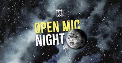 Open Mic Night event poster with a cosmic background and a microphone in the foreground.