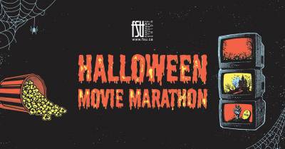 Spooky Halloween Movie Marathon poster with dripping orange text, a spider web, and a stack of three vintage TVs showing eerie scenes.