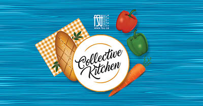Top view of a loaf of bread on a checkered cloth, a red and green bell pepper, and a carrot surrounding a plate with Collective Kitchen text on a blue wooden surface.