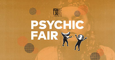 Graphic design promoting a Psychic Fair with two stylized figures and a warm brown background.