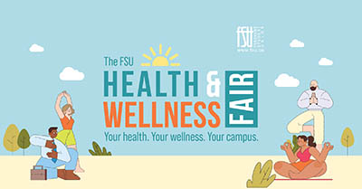 Illustration promoting the FSU Health & Wellness Fair with diverse people practicing yoga and meditation outdoors under a sunny sky.