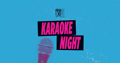 Microphone image with bold pink text reading Karaoke Night on a blue textured background, promoting a singing event.