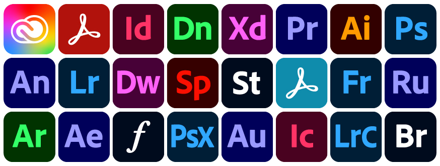 A collage of 24 icons representing Adobe software products