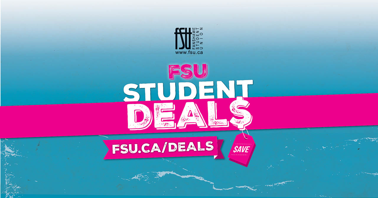 A hand holding smartphone displaying Fanshawe Students Save deals with website links for FSU student discounts.