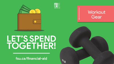 An illustration of a wallet and a photo of weights. Text in the image states, Let's Spend Together! Workout gear