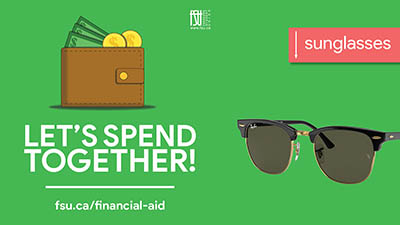 An illustration of a wallet and a photo of sunglasses. Text in the image states, Let's Spend Together! Sunglasses