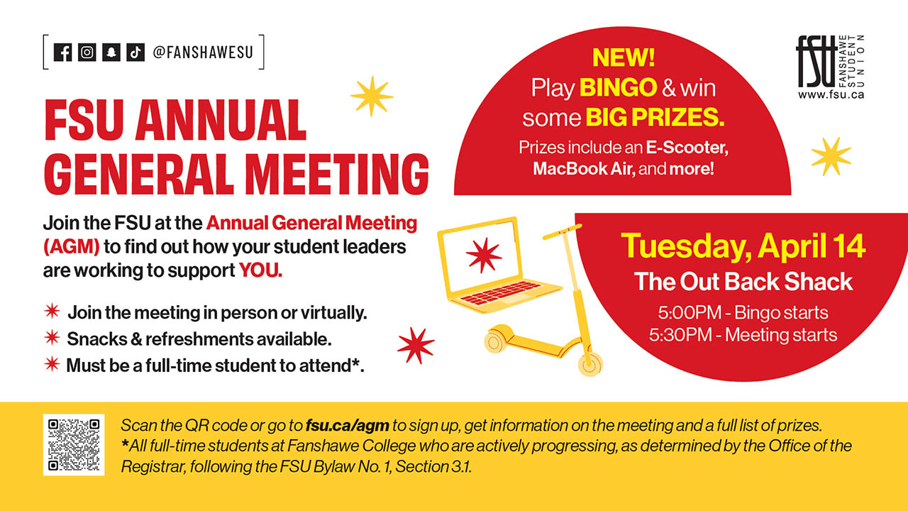 Flyer for FSU Annual General Meeting on Tuesday, April 14, with bingo, prizes, and options to attend in person or virtually.