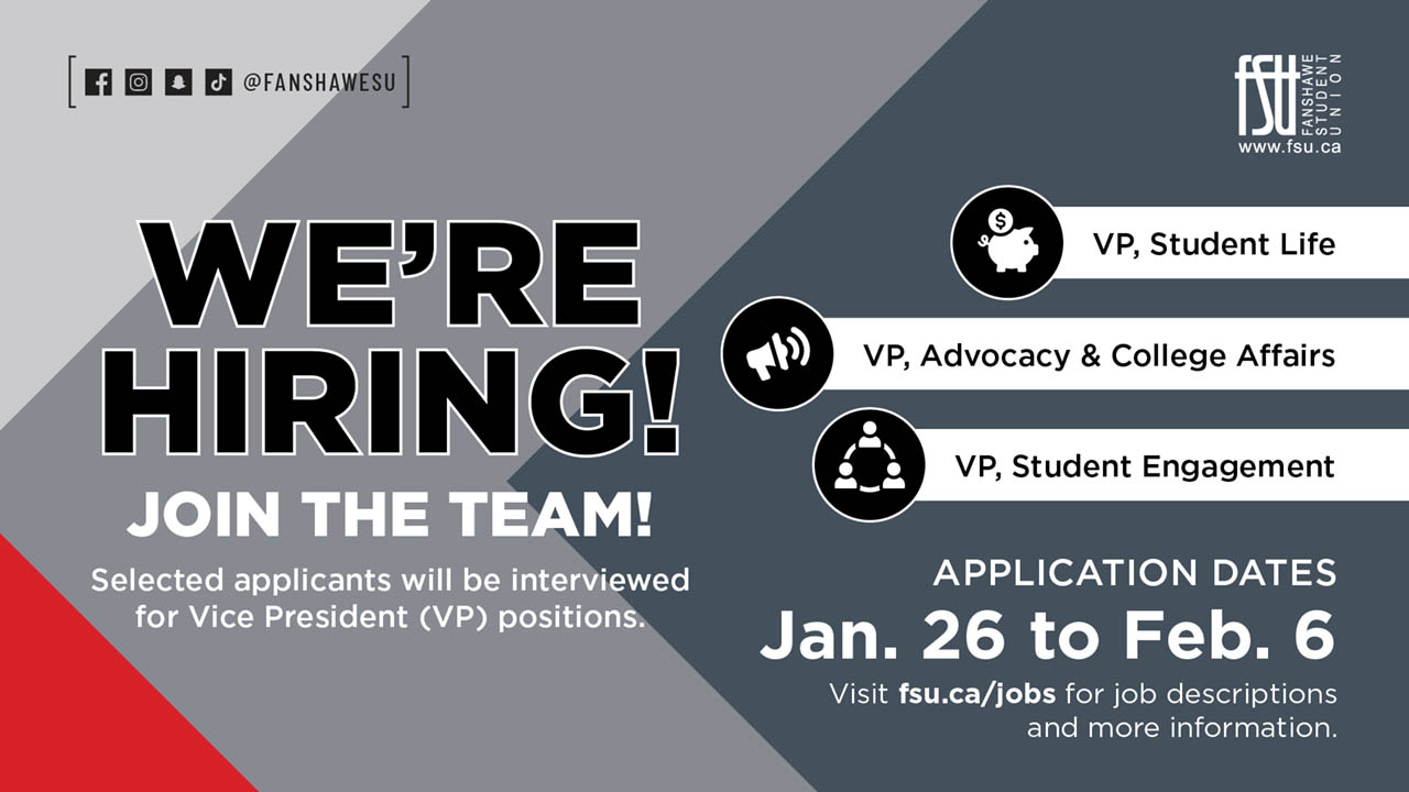 Graphic announcing hiring for Vice President roles at a university, listing VP Student Life, Advocacy andollege Affairs, and Student Engagement positions.