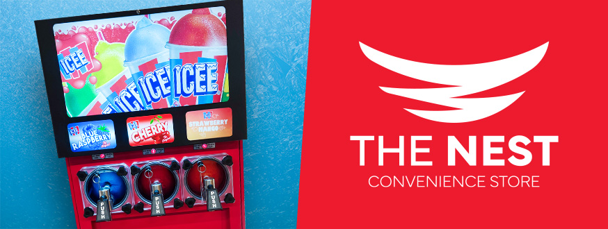 A photo of an ICEE machine and the Nest logo