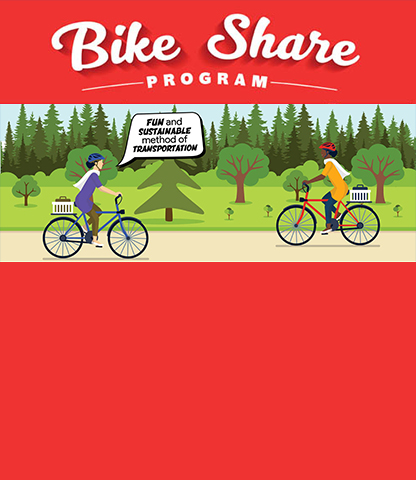 An illustration of two people riding a bike. One has a speech bubble coming out of their mouth that contains the text, 'A fun and sustainable method of transportation'. The text Bike Share Program is displayed