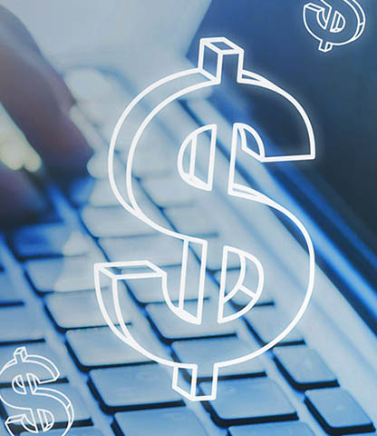 Illustrations of dollar signs with a keyboard in the background