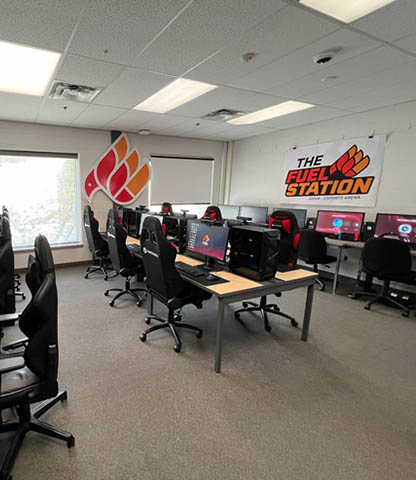 The interior of The Fuel station at Fanshawe College. Fuel signs are on the wall.