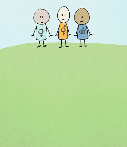 An illustration of three people, with gender symbols on their clothing