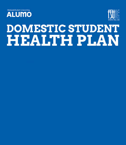 Blue background with white text announcing the Domestic Student Health Plan by Alumo and FSU.