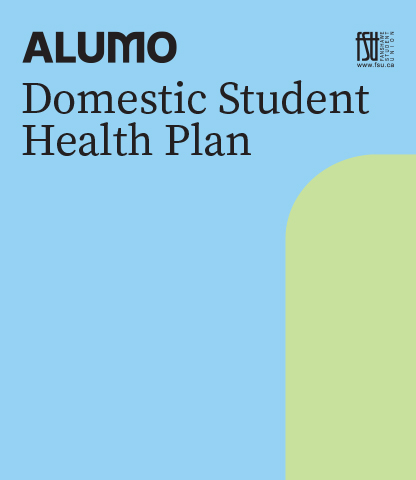 Blue background with white text announcing the Domestic Student Health Plan by Alumo and FSU.