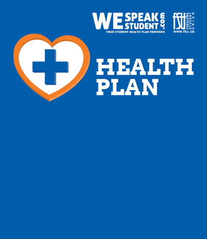 Illustration of a heart with a cross inside of it. Text states Health Plan. FSU and WeSpeakStudent logos are displayed.