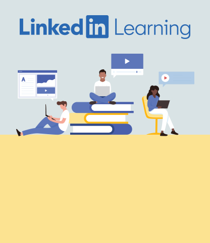 Illustration of three people using laptops. The LinkedIn Learning logos is shown.