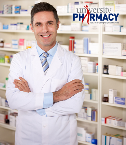 A pharmacist smiling, with arms crossed. The text University Pharmacy is displayed
