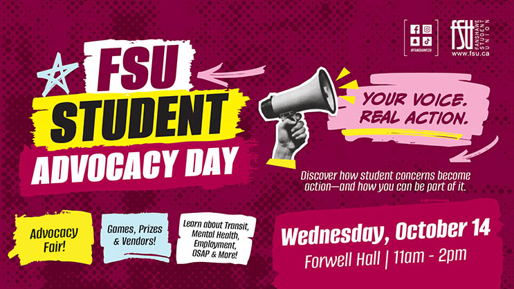 FSU Student Advocacy Day event poster with megaphone graphic and details for October 14 at Forwell Hall from 11 a.m. to 2 p.m.