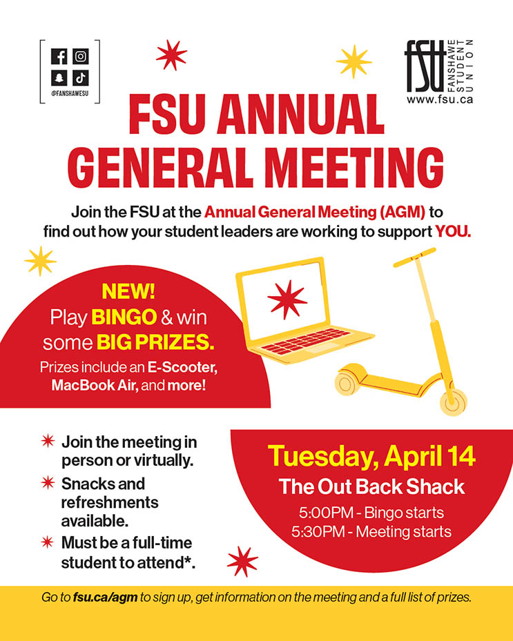 Flyer for FSU Annual General Meeting on Tuesday, April 14, with bingo, prizes, and options to attend in person or virtually.