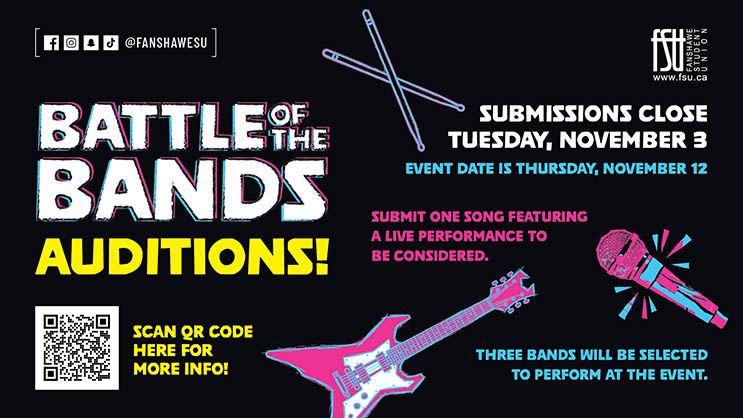 Battle of the Bands auditions announcement with submission deadline Nov 3 and event on Nov 12, featuring a guitar, microphone, and QR code for details.