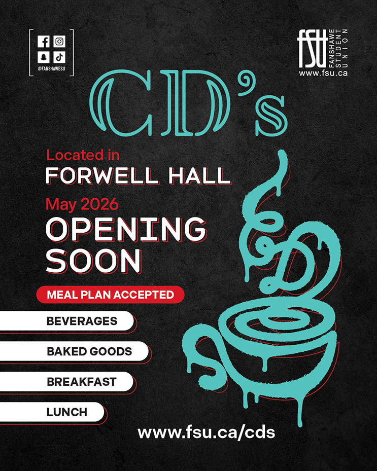CD's cafe opening soon in Forwell Hall, accepting meal plans, serving beverages, baked goods, breakfast, and lunch starting May 2026.
