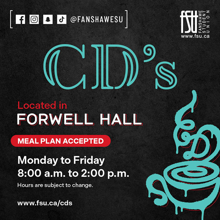 CD's cafe in Forwell Hall, accepting meal plans, serving beverages, baked goods, breakfast, and lunch.