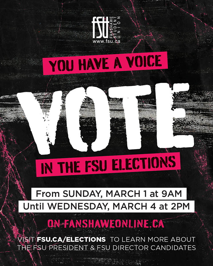 Bold text urging students to vote in the FSU elections from March 1 at 9AM to March 4 at 2PM with a QR code for more info.