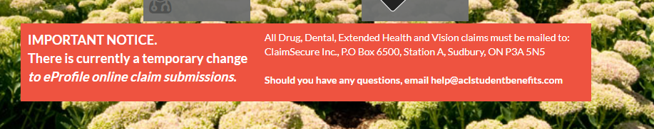 Notice about temporary change to eProfile online claim submissions with mailing address for drug, dental, health, and vision claims.