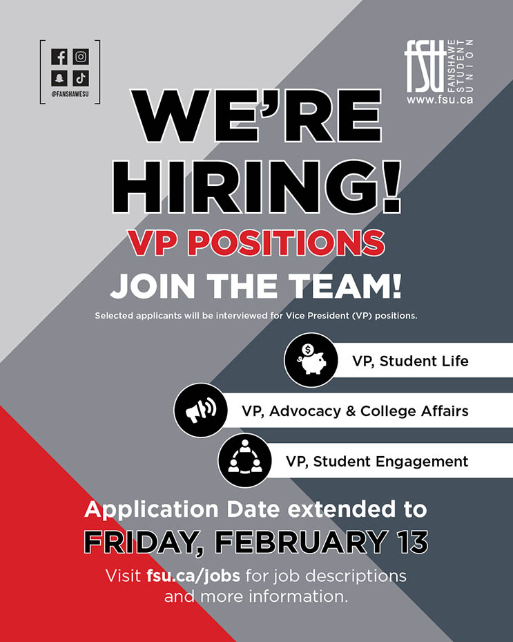 FSU is hiring for Vice President roles in Student Life, Advocacy and College Affairs, and Student Engagement with applications due by February 13.