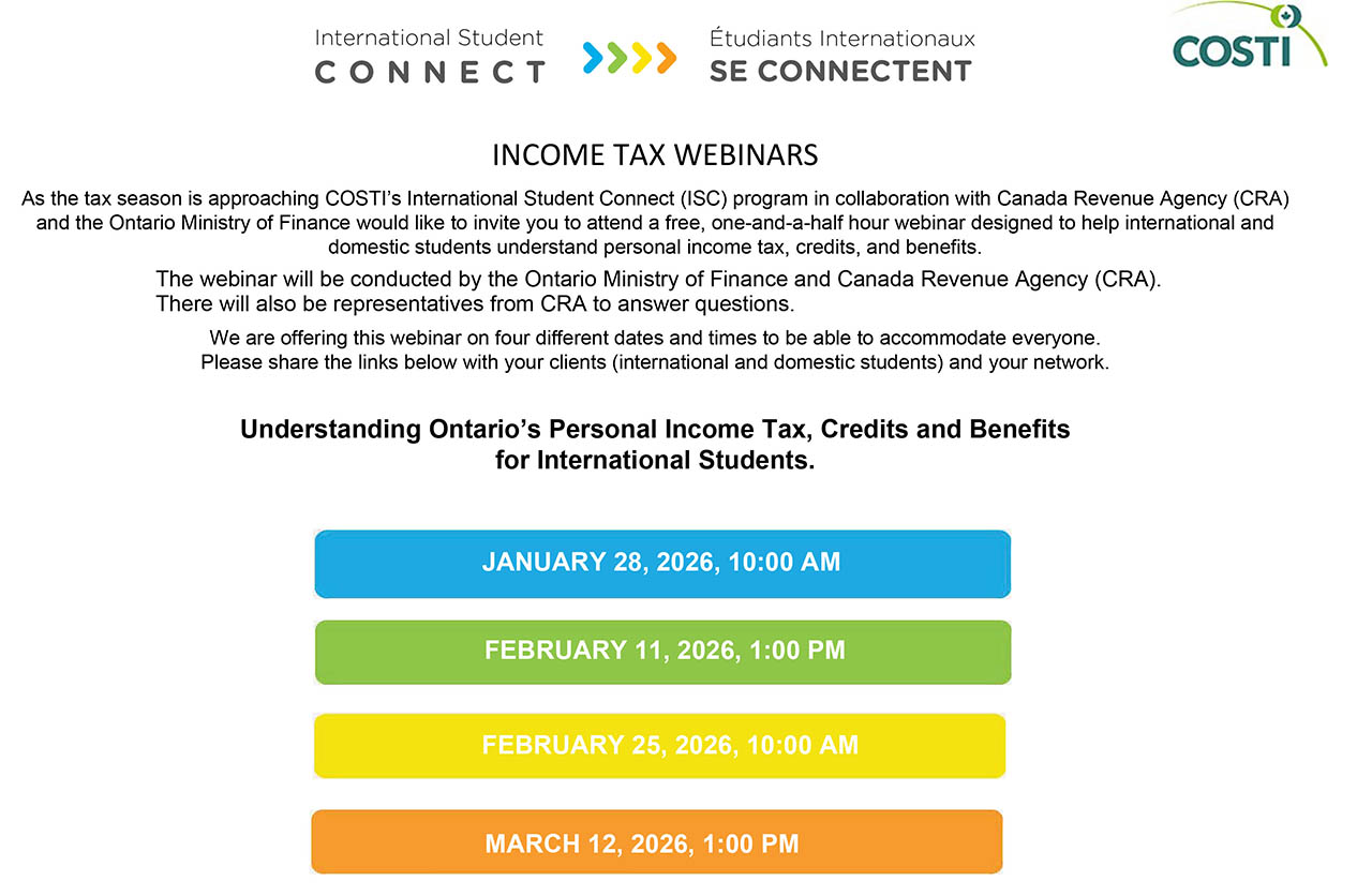 Schedule of free webinars explaining Ontario's personal income tax, credits, and benefits for international students in 2026.