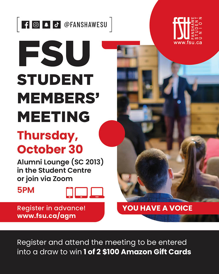 Students seated in a meeting room listening to a speaker at the Fanshawe Student Union members' meeting.