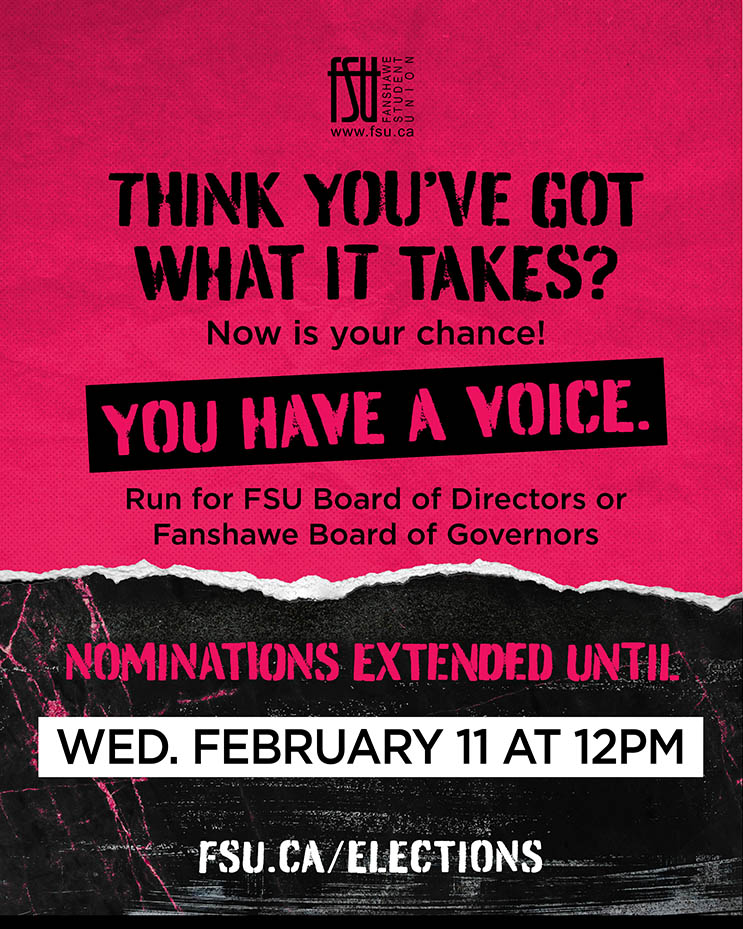 Students seated in a meeting room listening to a speaker at the Fanshawe Student Union members' meeting.