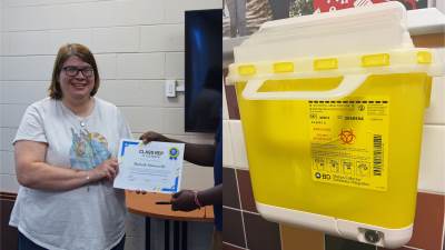 A photo of Michelle Maisonville holding a certificate and another photo of a sharps container.