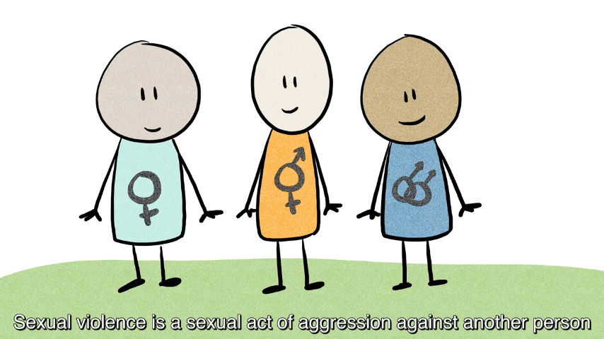 An illustration of three people, with gender symbols on their clothing. Below them is text stating, sexual violence is a sexual act of aggression against another person.