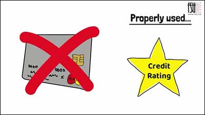 Thumbnail from a video. An illustration of a credit card with an X over it. Illustration of a yellow star with the text Credit rating inside of it. Other text states, Properly used