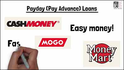 Thumbnail from a video. A variety of cash advance business logos are shown. Text states, Payday (Pay Advance) Loans