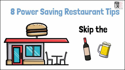 Thumbnail from a video. An illustration of a restaurant and food. Text states 8 power saving restaurant tips.