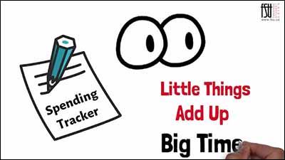 Thumbnail from a video. Illustration of eyes amd a piece of paper with spending tracker written on it. Other text states, Little Things Add Up Big Time