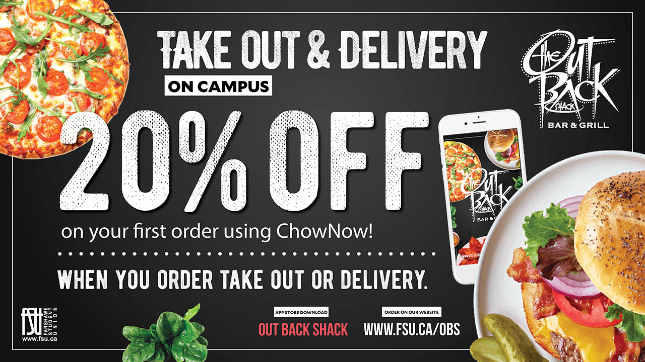 Take out and delivery on campus 20% off on your first order using ChowNow!