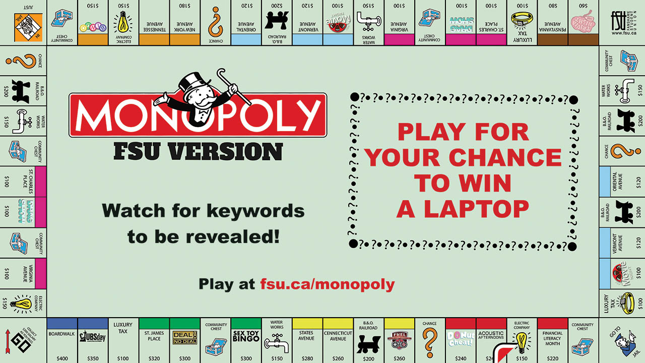 Replica of an Monopoly board with the text play for your chance to win an iPad and watch for keywords to be revealed.